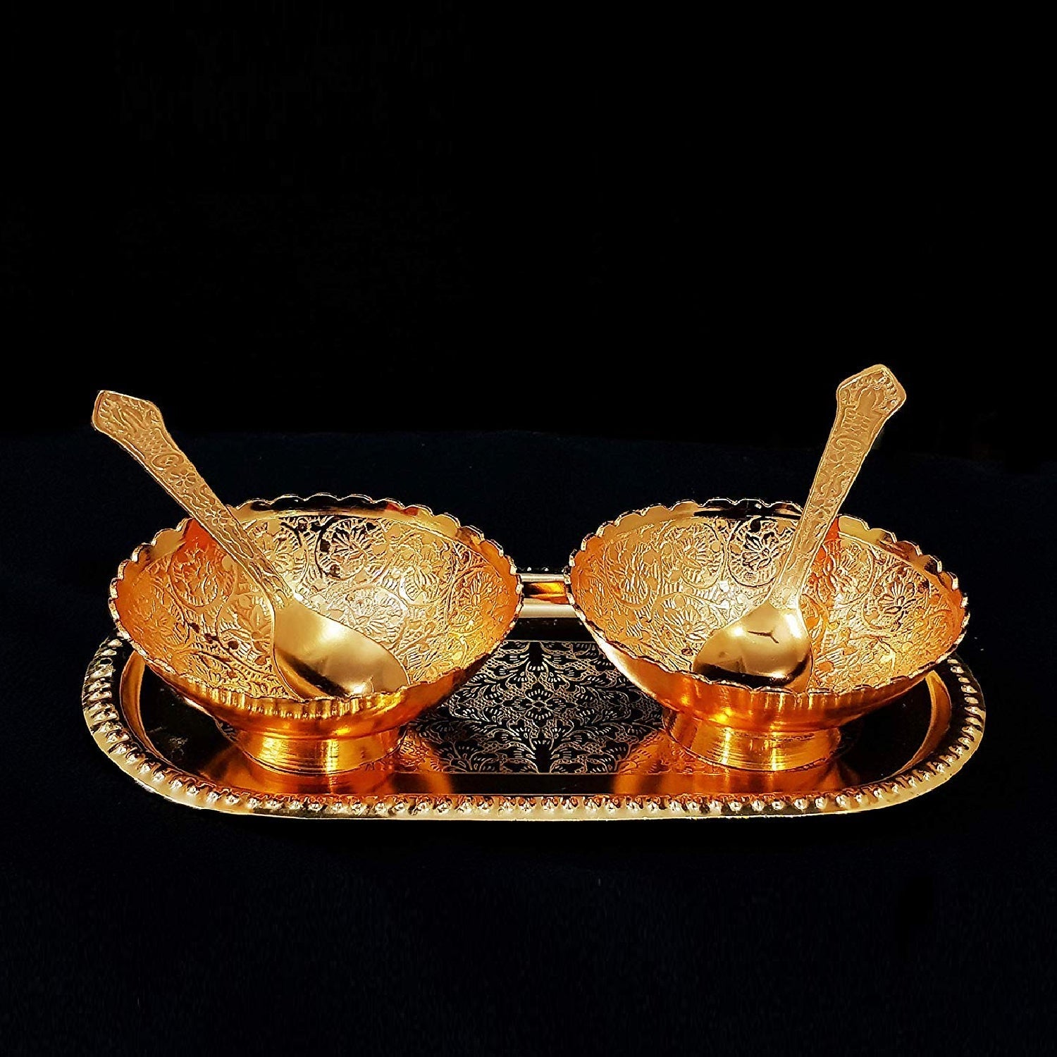 2947 Gold Silver Plated 2 Bowl 2 Spoon Tray Set Brass with Red Velvet Gift Box Serving Dry Fruits Desserts Gift DeoDap 2947 Gold Silver Plated 2 Bowl 2 Spoon Tray Set Brass with Red Velvet Gift Box Serving Dry Fruits Desserts Gift DeoDap
